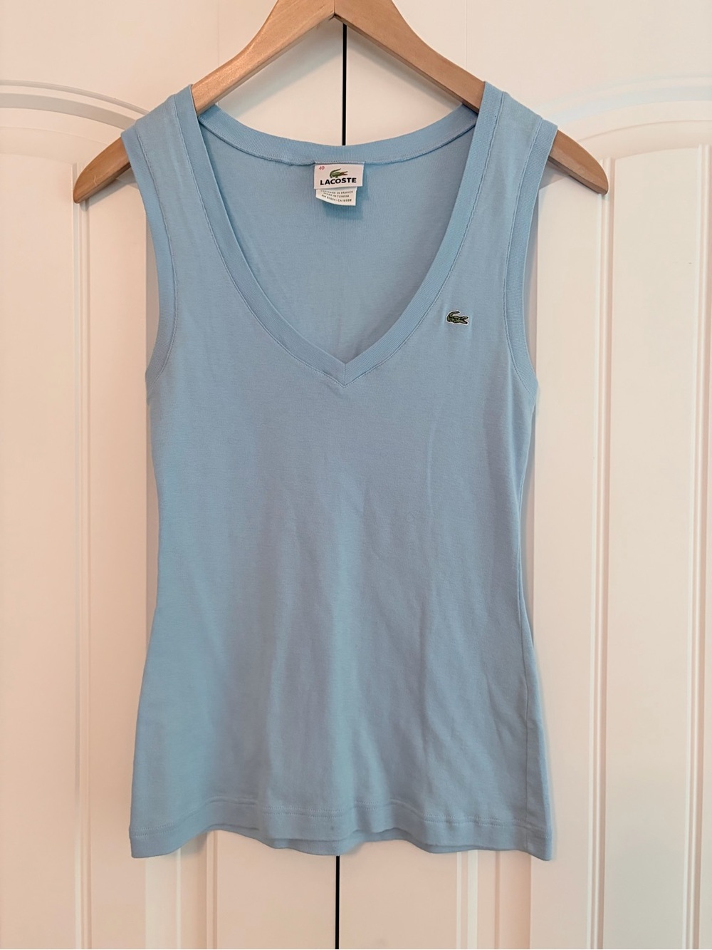 Lacoste Tank Top Women US Size L 40 Baby Blue V-Neck Cotton Logo Sleeveless